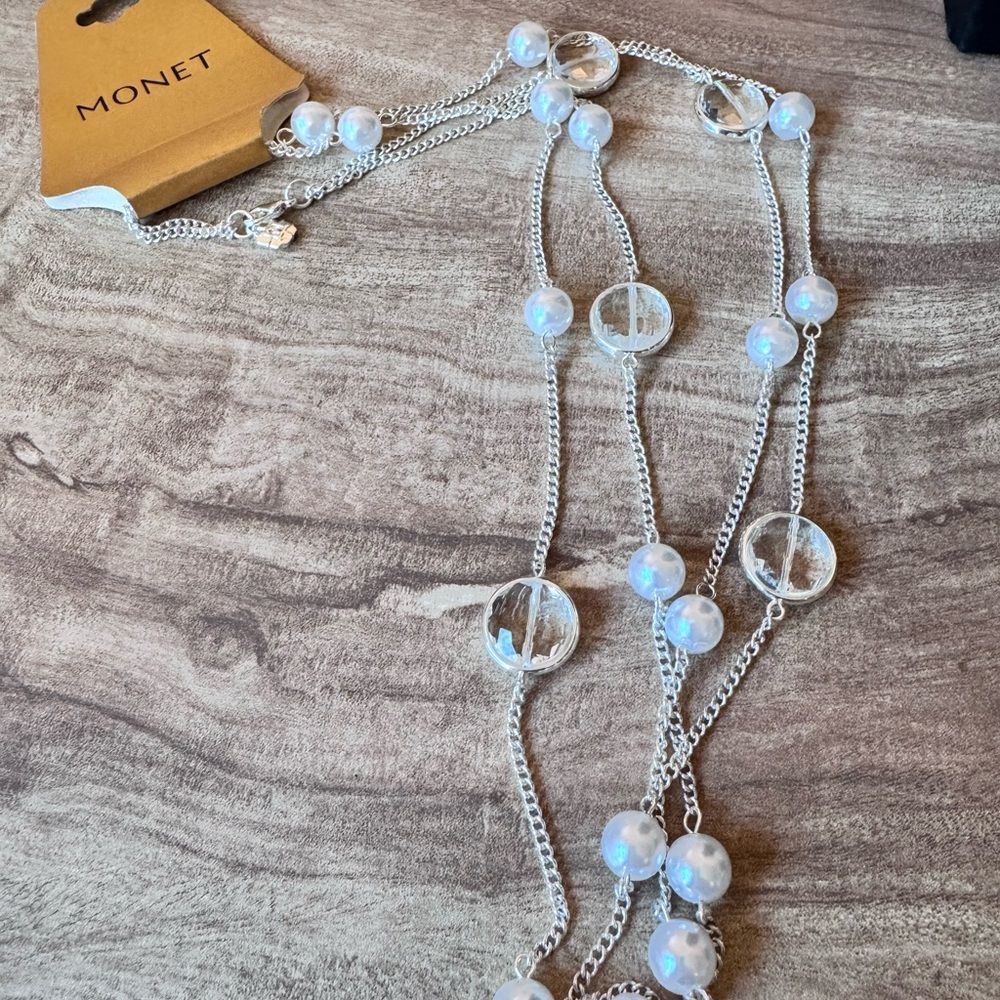 Monet New Silver Tone Chain Necklace Long Clear Faceted Beaded Costume Nwt — image 4 of 7